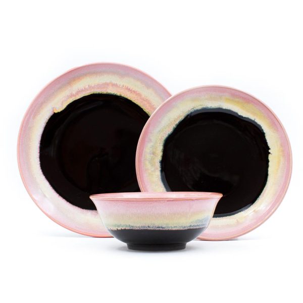 Pottery-For-The-Planet-Tableware-Settle-In-Set-6 Pink and black three piece Tableware dinner set